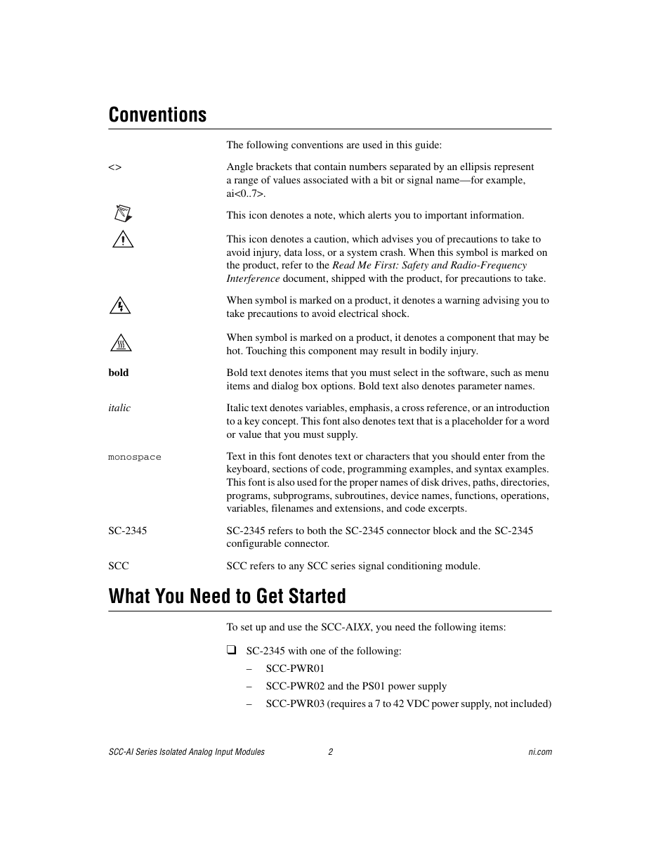 Conventions, What you need to get started | National Instruments Isolated Analog Input Modules SCC-AI14 User Manual | Page 2 / 18