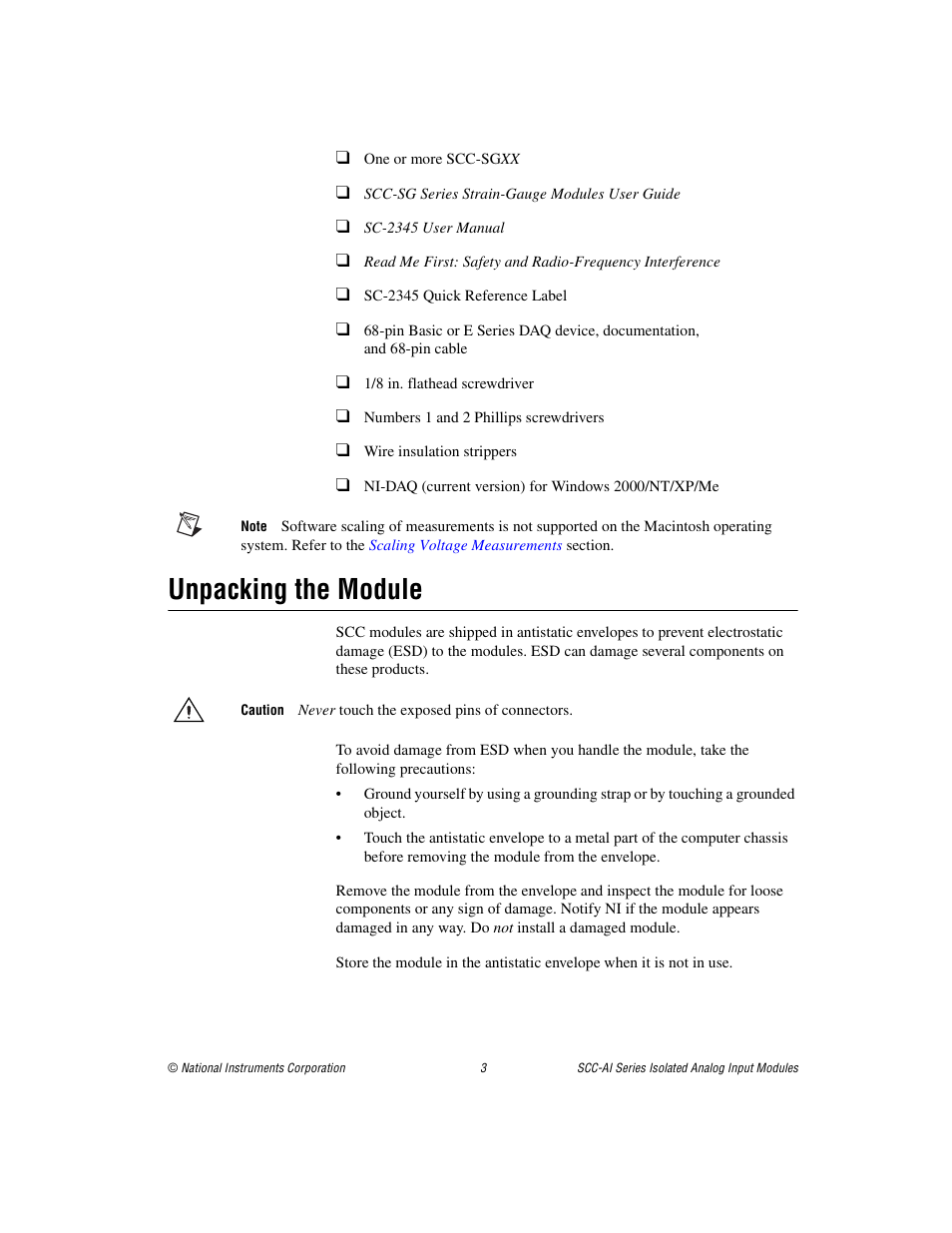 Unpacking the module | National Instruments Isolated Analog Input Modules SCC-AI14 User Manual | Page 3 / 18