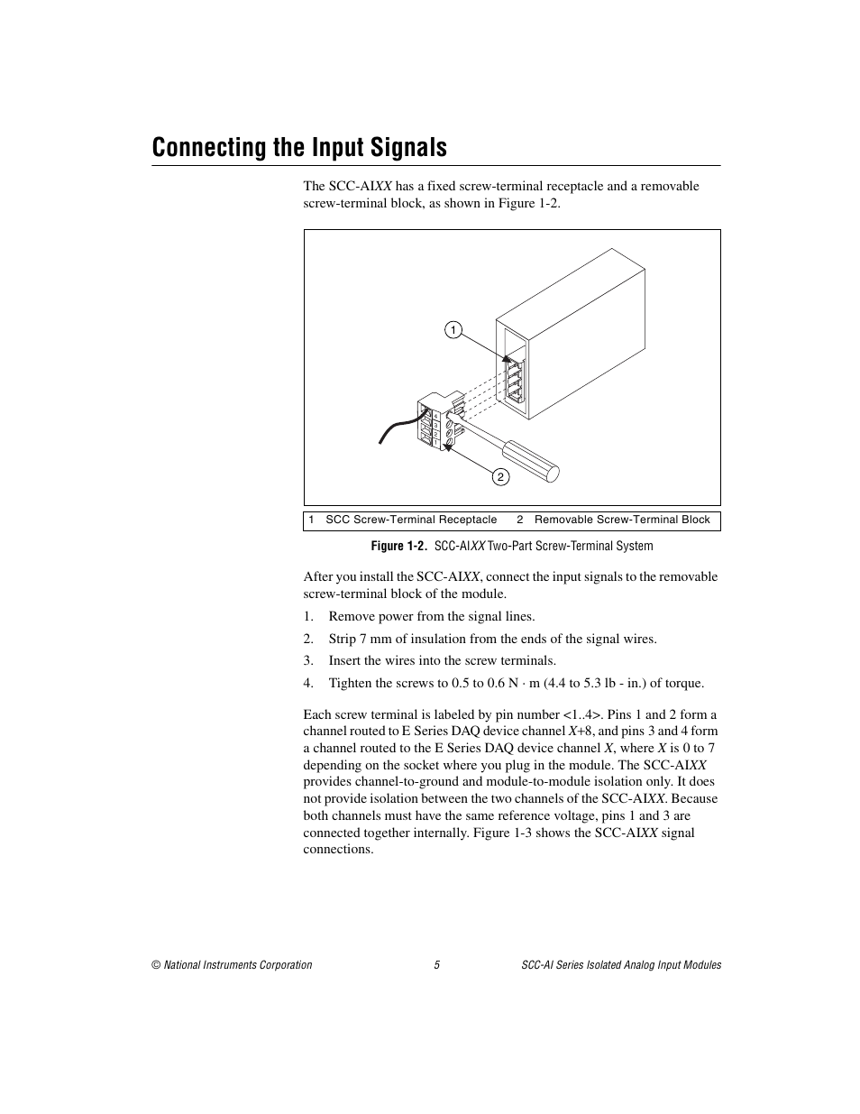 Connecting the input signals | National Instruments Isolated Analog Input Modules SCC-AI14 User Manual | Page 5 / 18