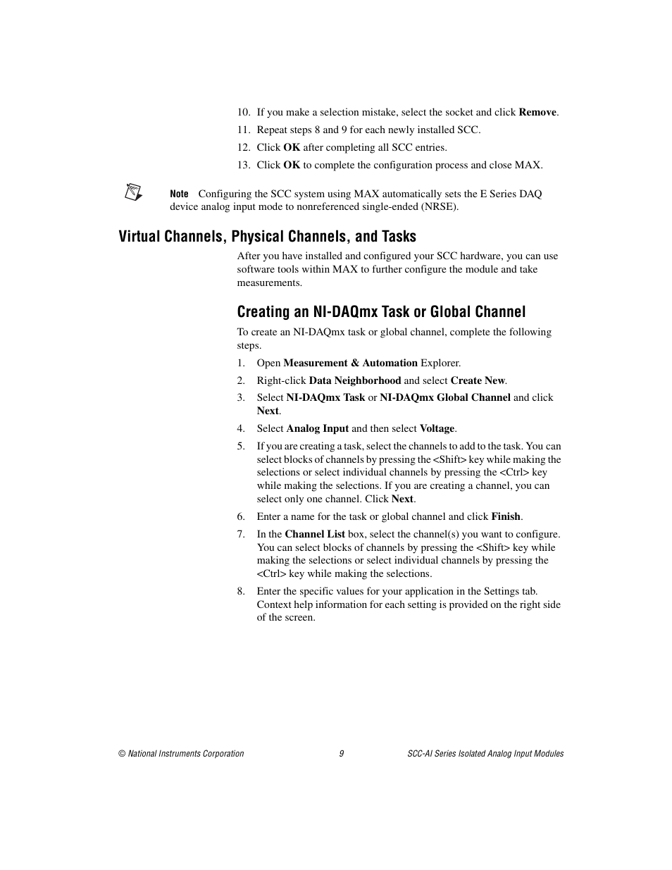 Virtual channels, physical channels, and tasks, Creating an ni-daqmx task or global channel | National Instruments Isolated Analog Input Modules SCC-AI14 User Manual | Page 9 / 18