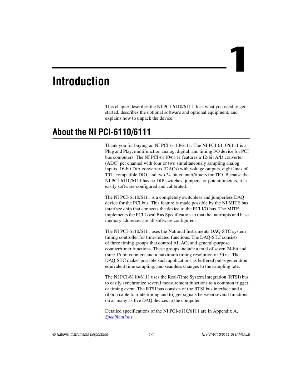 Chapter 1 introduction, About the ni pci-6110/6111, About the ni pci-6110/6111 -1 | Introduction | National Instruments NI PCI-6110 User Manual | Page 11 / 118