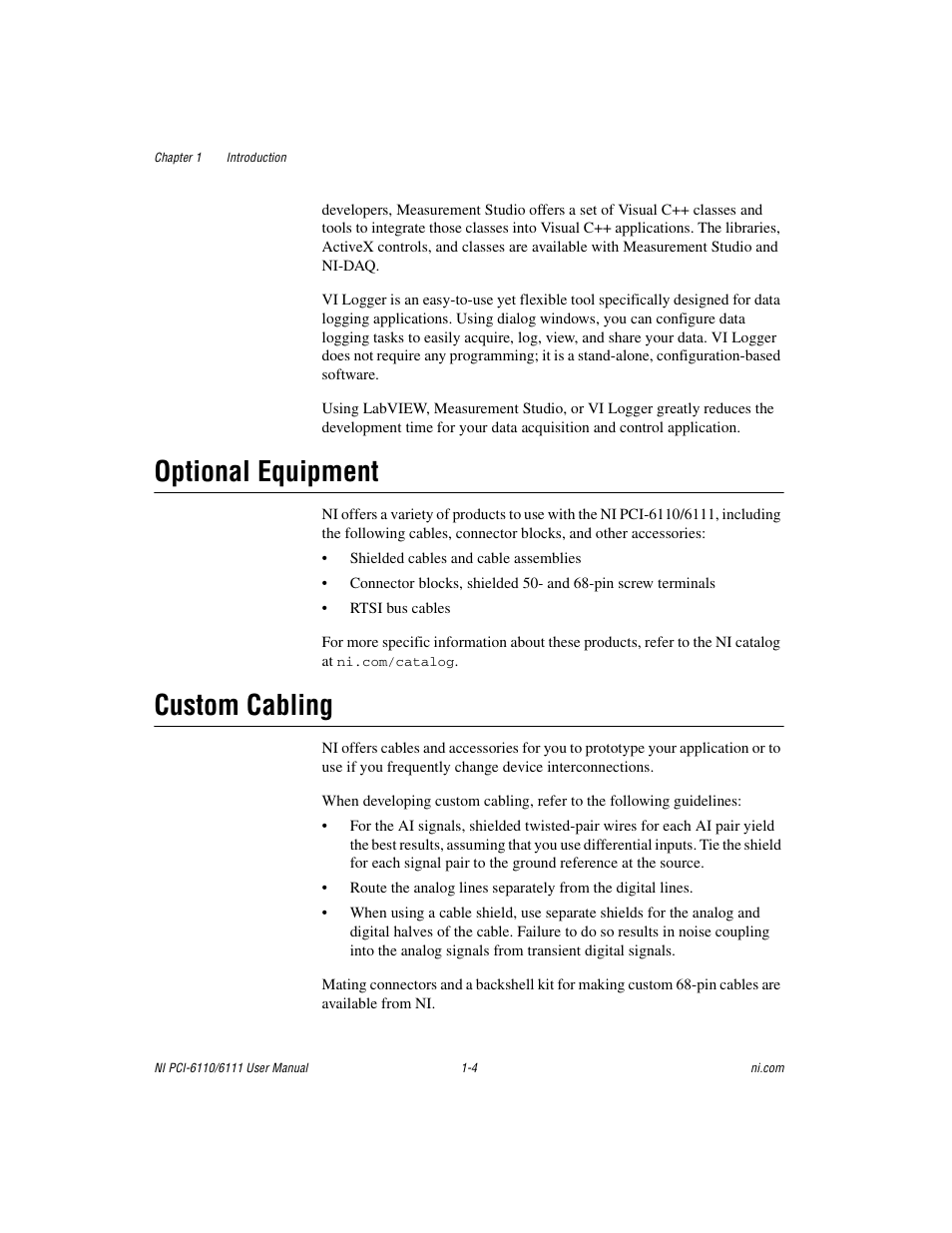 Optional equipment, Custom cabling, Optional equipment -4 custom cabling -4 | National Instruments NI PCI-6110 User Manual | Page 14 / 118