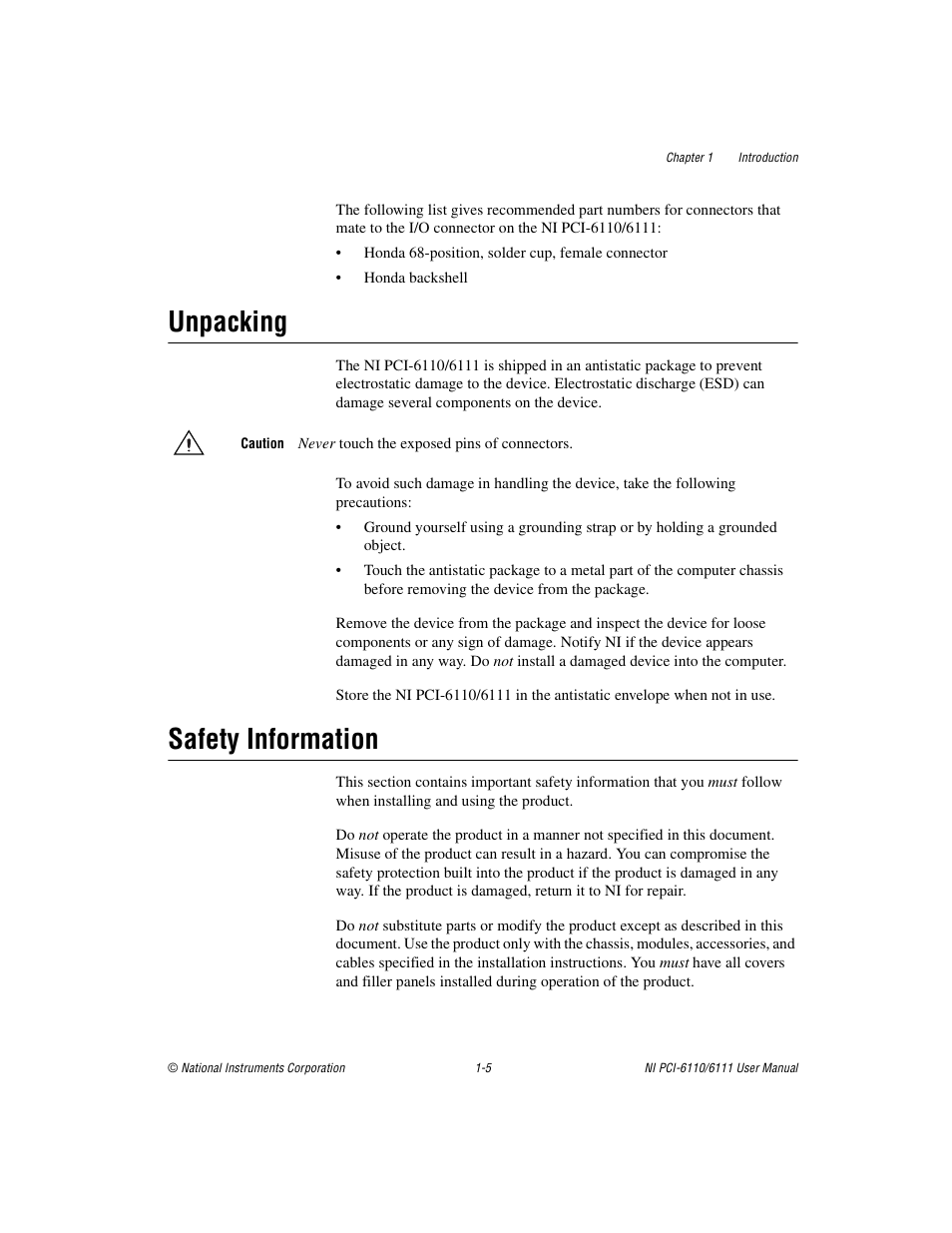 Unpacking, Safety information, Unpacking -5 safety information -5 | National Instruments NI PCI-6110 User Manual | Page 15 / 118