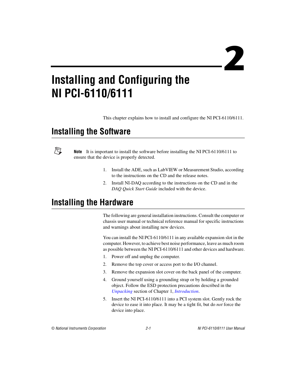 Installing the software, Installing the hardware | National Instruments NI PCI-6110 User Manual | Page 18 / 118