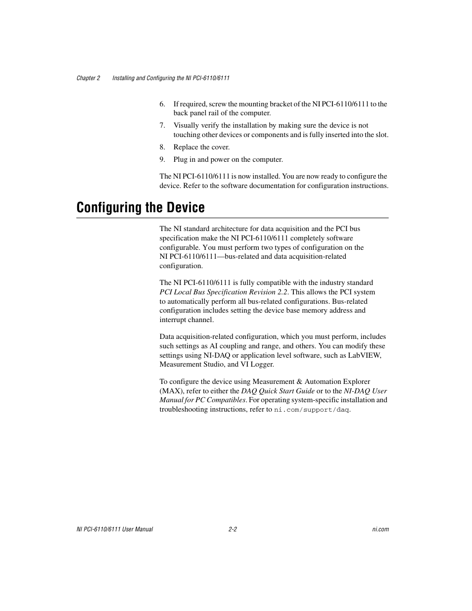 Configuring the device, Configuring the device -2 | National Instruments NI PCI-6110 User Manual | Page 19 / 118