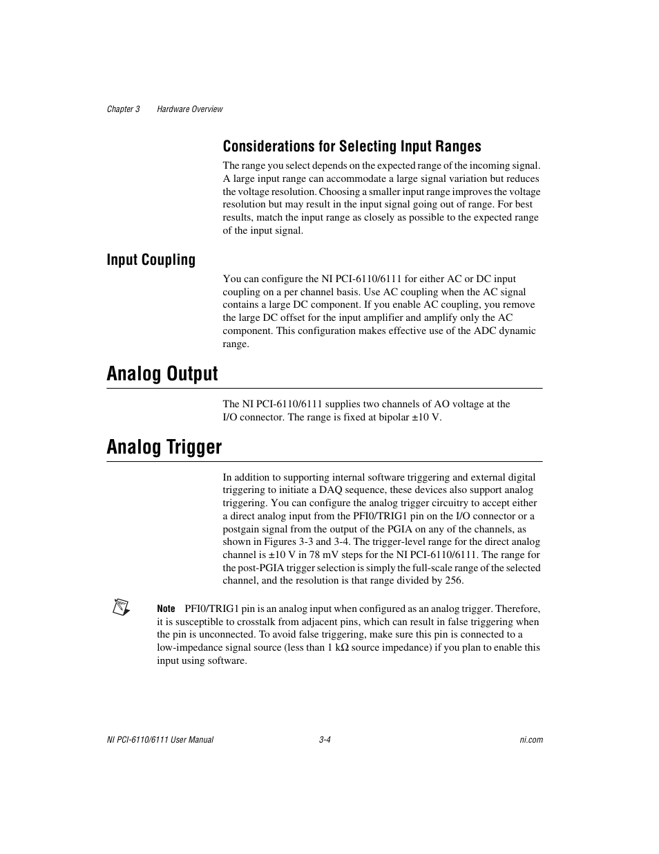 Considerations for selecting input ranges, Input coupling, Analog output | Analog trigger, Considerations for selecting input ranges -4, Input coupling -4, Analog output -4 analog trigger -4 | National Instruments NI PCI-6110 User Manual | Page 23 / 118