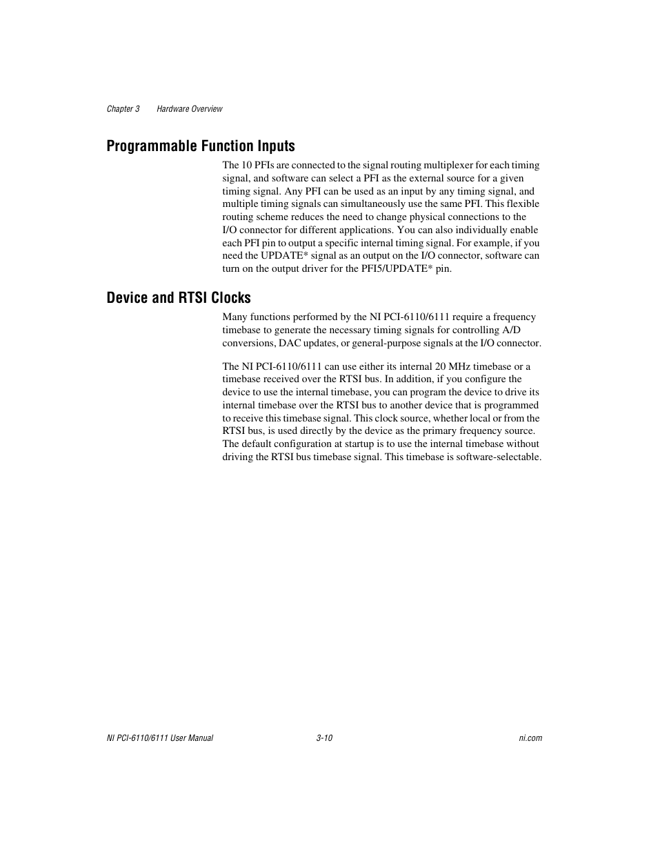 Programmable function inputs, Device and rtsi clocks | National Instruments NI PCI-6110 User Manual | Page 29 / 118