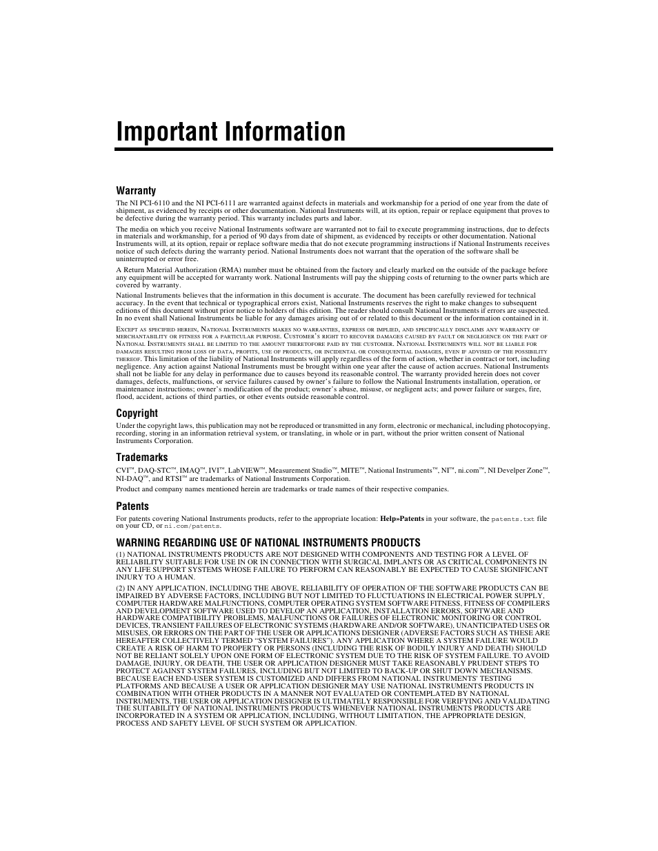 Important information, Warranty, Copyright | Trademarks, Patents | National Instruments NI PCI-6110 User Manual | Page 3 / 118