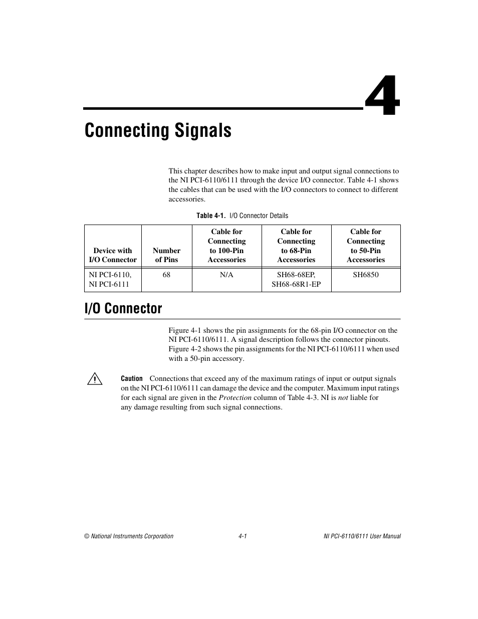 Chapter 4 connecting signals, Table 4-1. i/o connector details, I/o connector | I/o connector -1, Ter 4, Connecting, Signals, Connecting signals | National Instruments NI PCI-6110 User Manual | Page 31 / 118