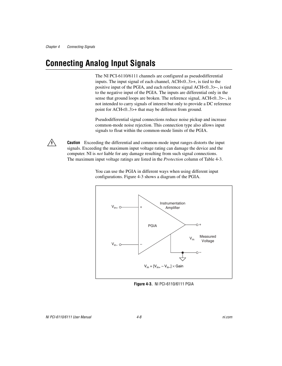 Connecting analog input signals, Figure 4-3. ni pci-6110/6111 pgia, Connecting analog input signals -8 | Sectio | National Instruments NI PCI-6110 User Manual | Page 38 / 118