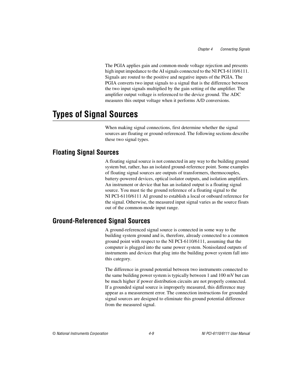 Types of signal sources, Floating signal sources, Ground-referenced signal sources | Types of signal sources -9 | National Instruments NI PCI-6110 User Manual | Page 39 / 118