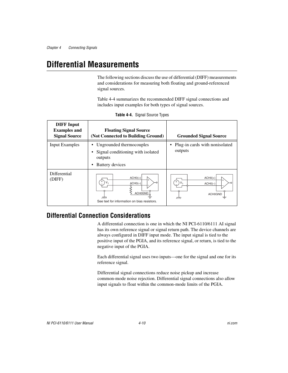 Differential measurements, Table 4-4. signal source types, Differential connection considerations | Differential measurements -10, Differential connection considerations -10 | National Instruments NI PCI-6110 User Manual | Page 40 / 118