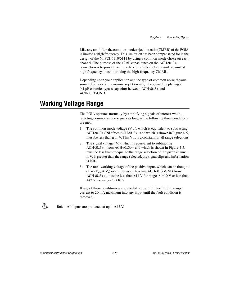 Working voltage range, Working voltage range -13 | National Instruments NI PCI-6110 User Manual | Page 43 / 118