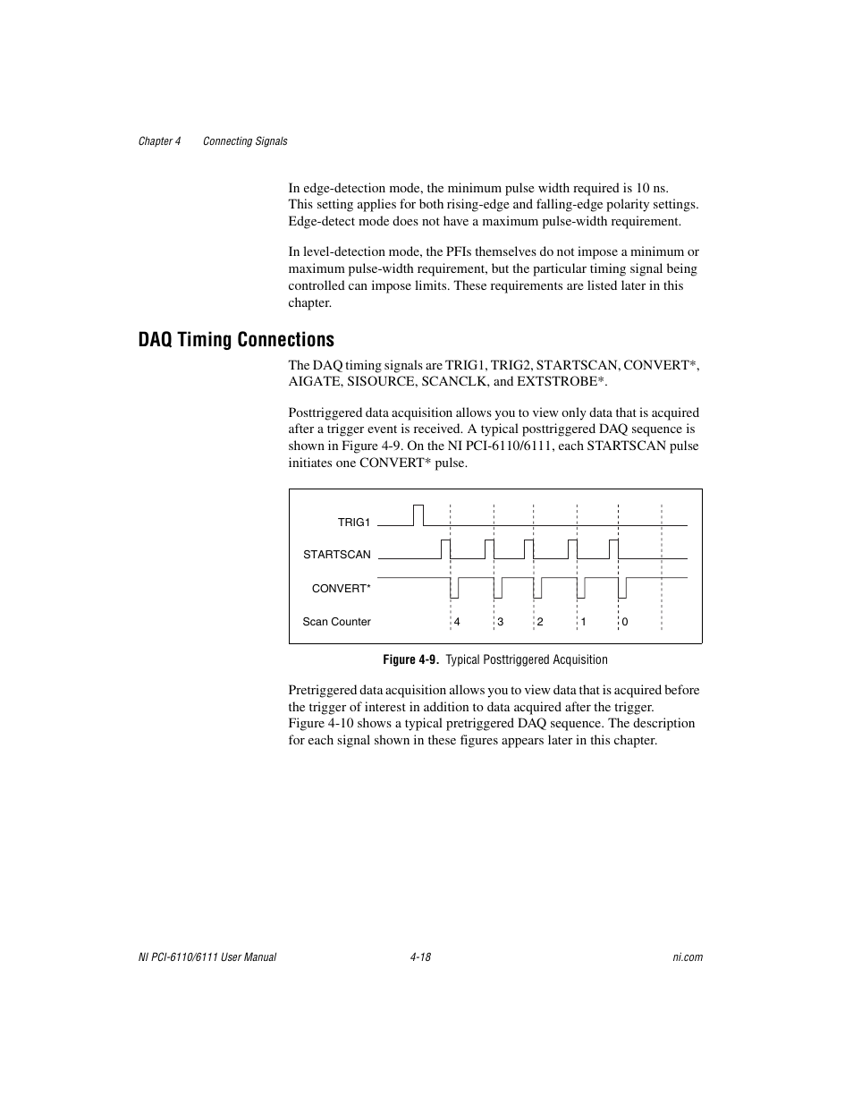 Daq timing connections, Figure 4-9. typical posttriggered acquisition, Daq timing connections -18 | National Instruments NI PCI-6110 User Manual | Page 48 / 118