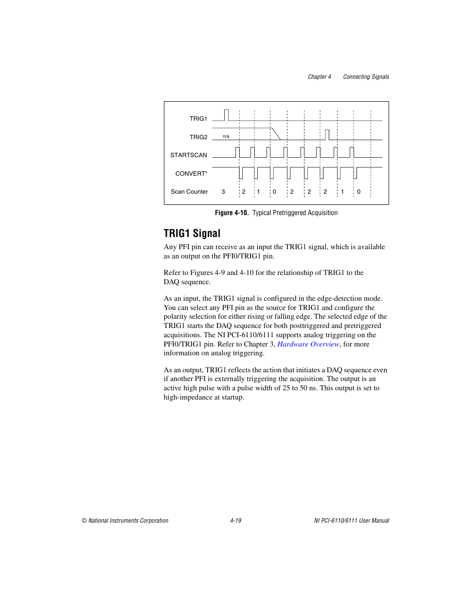 Figure 4-10. typical pretriggered acquisition, Trig1 signal, Trig1 signal -19 | National Instruments NI PCI-6110 User Manual | Page 49 / 118