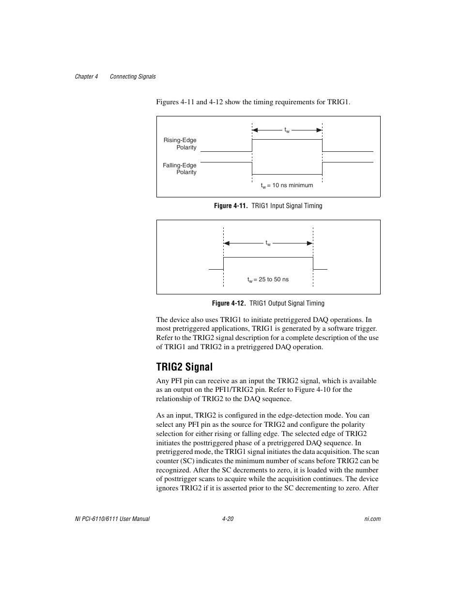 Figure 4-11. trig1 input signal timing, Figure 4-12. trig1 output signal timing, Trig2 signal | Trig2 signal -20 | National Instruments NI PCI-6110 User Manual | Page 50 / 118