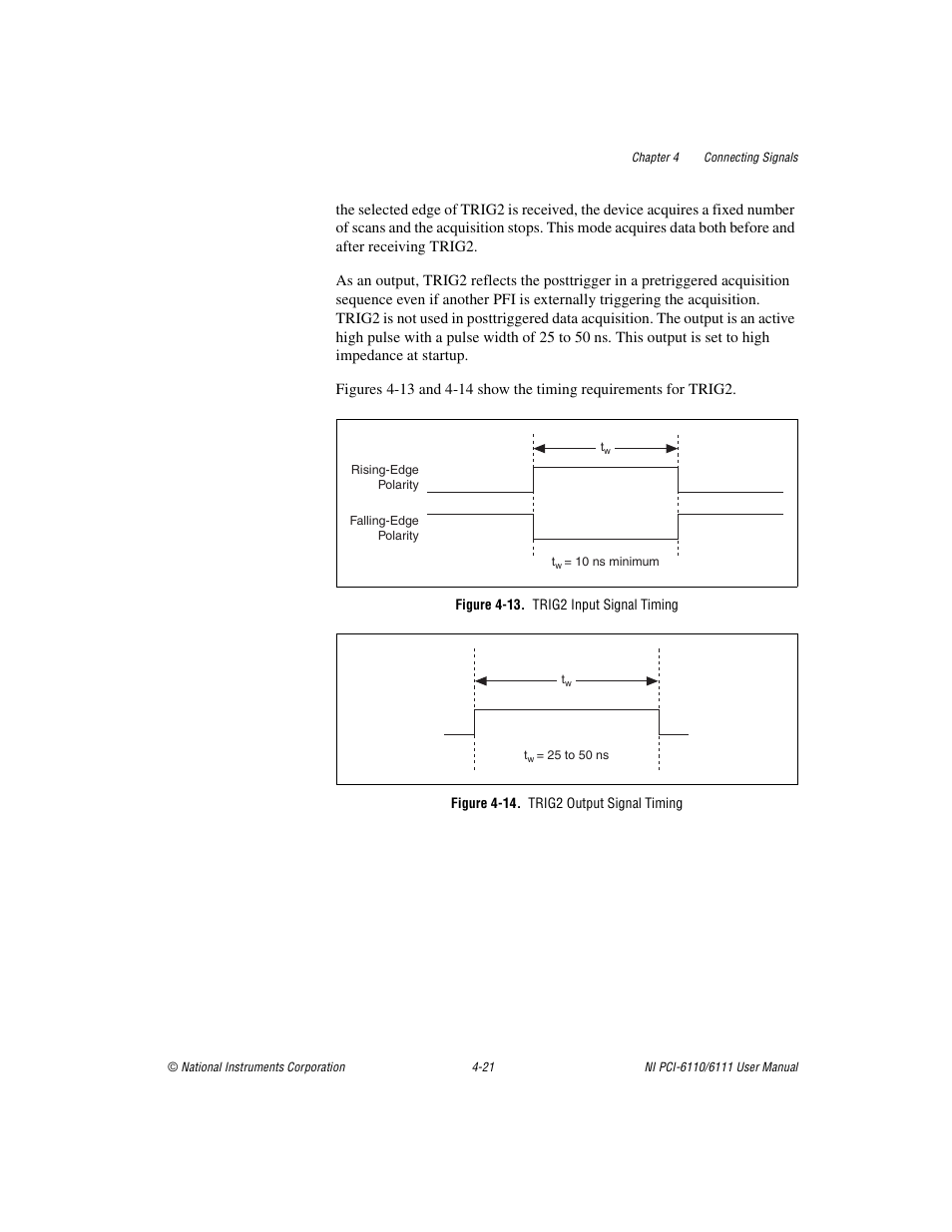 Figure 4-13. trig2 input signal timing, Figure 4-14. trig2 output signal timing | National Instruments NI PCI-6110 User Manual | Page 51 / 118