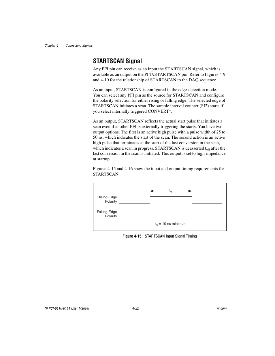 Startscan signal, Figure 4-15. startscan input signal timing, Startscan signal -22 | National Instruments NI PCI-6110 User Manual | Page 52 / 118