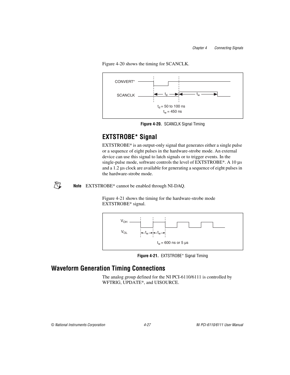 Figure 4-20. scanclk signal timing, Extstrobe* signal, Figure 4-21. extstrobe* signal timing | Waveform generation timing connections, Extstrobe* signal -27, Waveform generation timing connections -27, Waveform, Generation timing connections | National Instruments NI PCI-6110 User Manual | Page 57 / 118