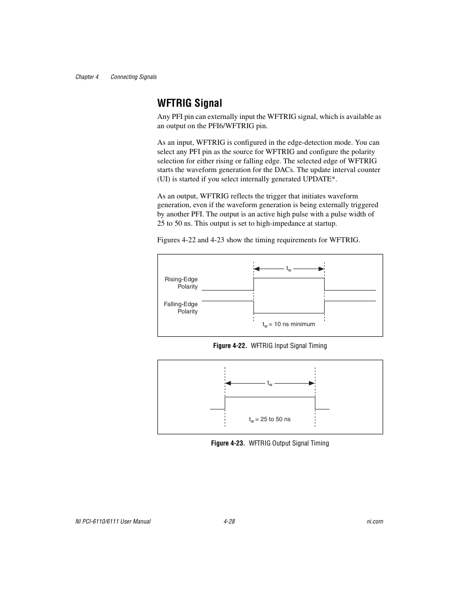 Wftrig signal, Figure 4-22. wftrig input signal timing, Figure 4-23. wftrig output signal timing | Wftrig signal -28 | National Instruments NI PCI-6110 User Manual | Page 58 / 118