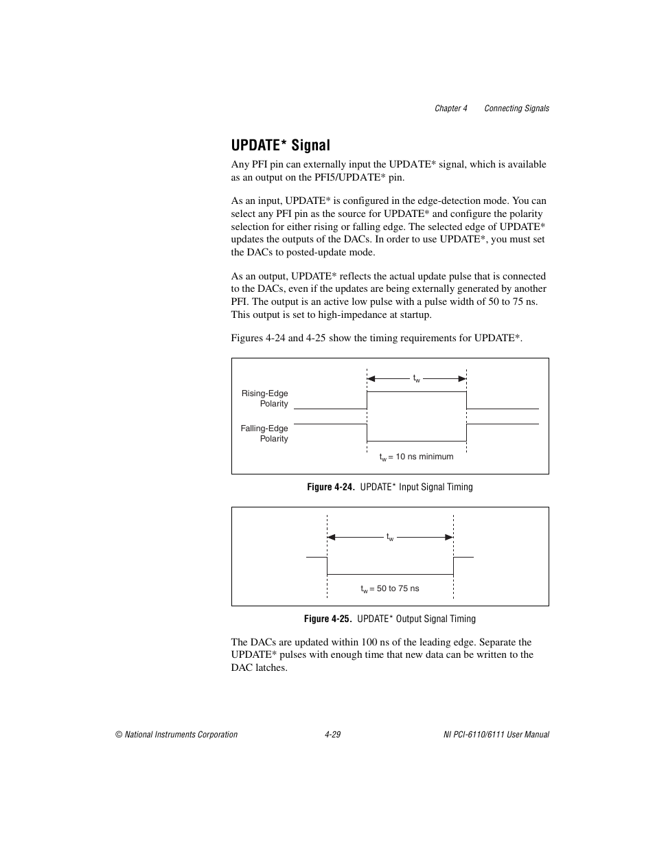 Update* signal, Figure 4-24. update* input signal timing, Figure 4-25. update* output signal timing | Update* signal -29 | National Instruments NI PCI-6110 User Manual | Page 59 / 118