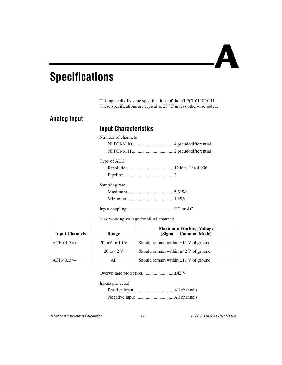 Appendix a specifications, Specifications | National Instruments NI PCI-6110 User Manual | Page 71 / 118