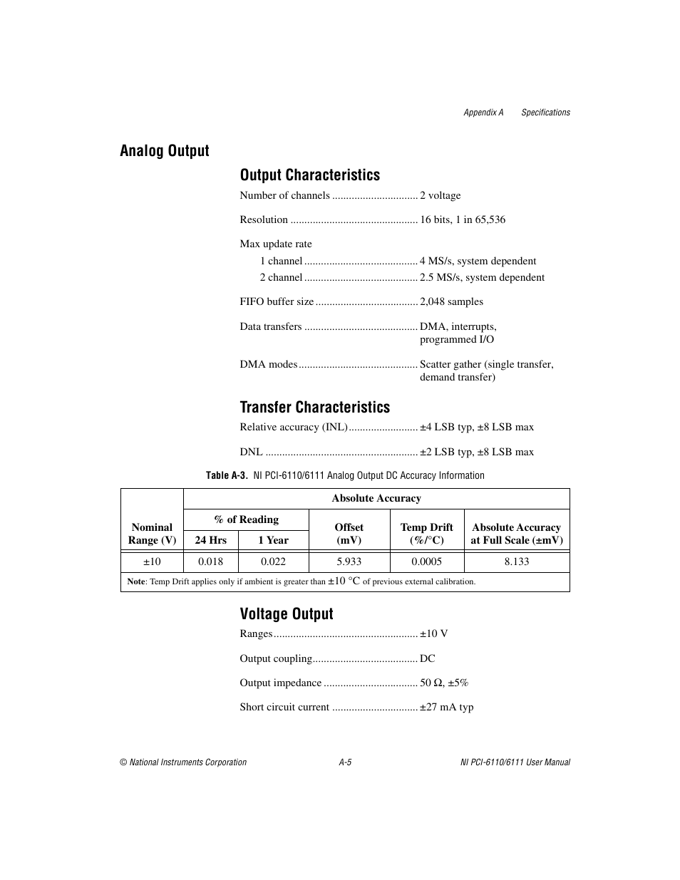 Analog output output characteristics, Transfer characteristics, Voltage output | National Instruments NI PCI-6110 User Manual | Page 75 / 118