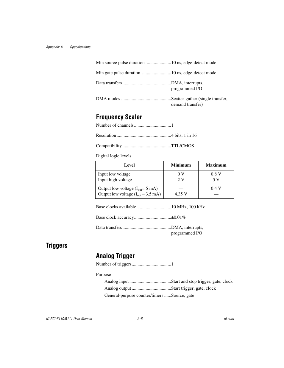 Frequency scaler, Triggers analog trigger | National Instruments NI PCI-6110 User Manual | Page 78 / 118
