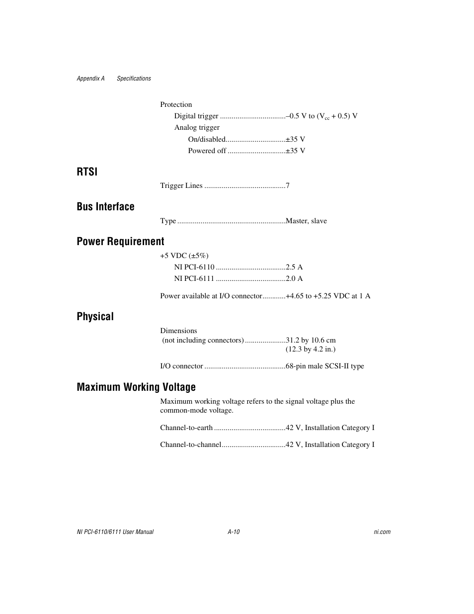 Rtsi, Bus interface, Power requirement | Physical, Maximum working voltage | National Instruments NI PCI-6110 User Manual | Page 80 / 118
