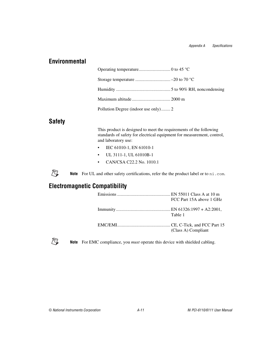 Environmental, Safety, Electromagnetic compatibility | National Instruments NI PCI-6110 User Manual | Page 81 / 118