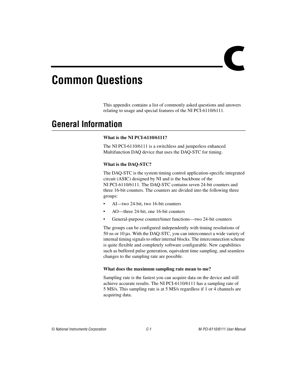 Appendix c common questions, Common questions, General information | National Instruments NI PCI-6110 User Manual | Page 86 / 118