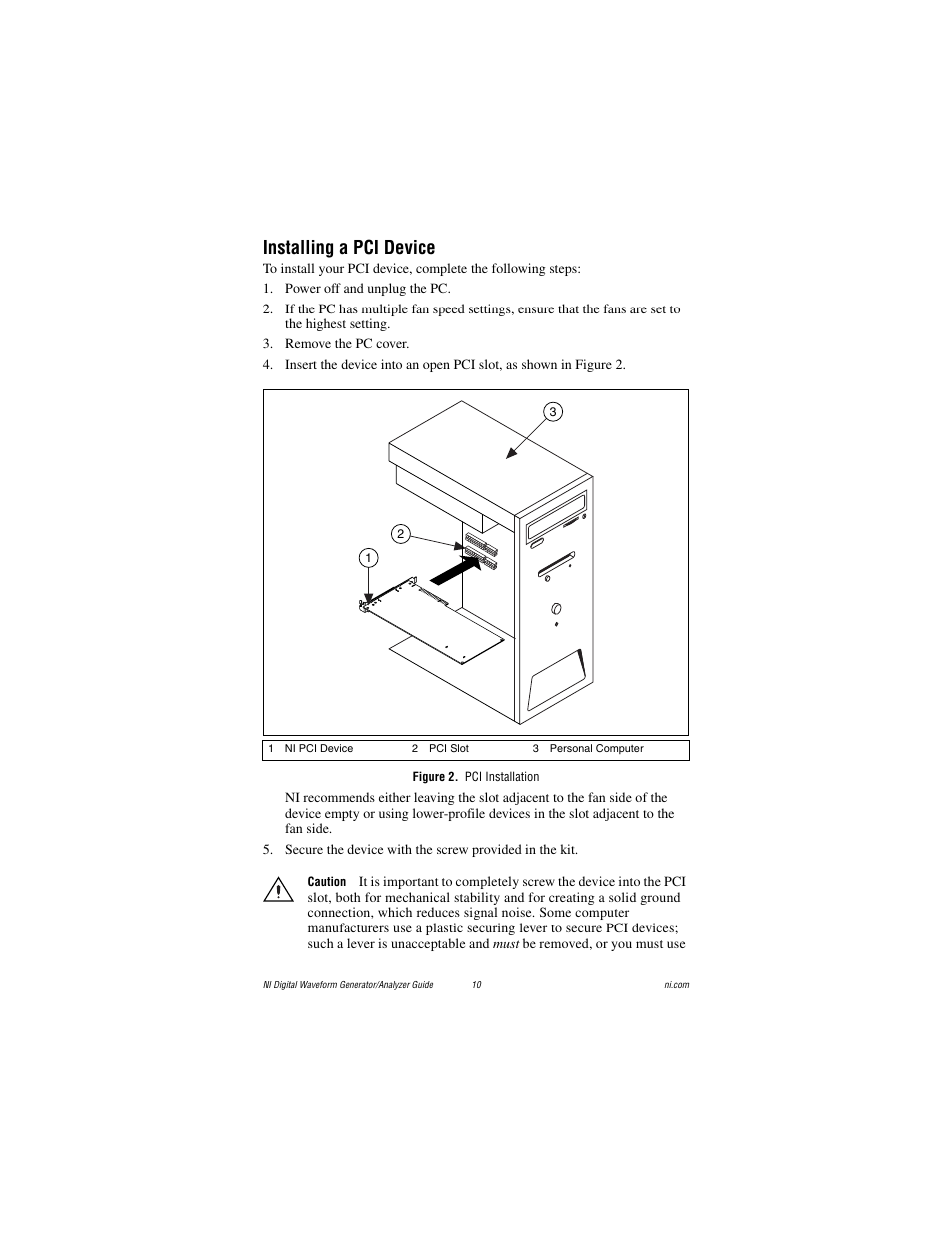 Installing a pci device, Figure 2. pci installation | National Instruments PXI-6561/6562 User Manual | Page 10 / 32