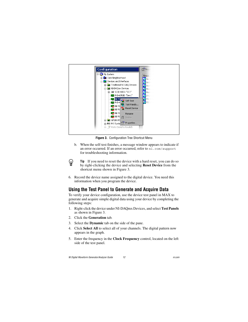 Figure 3. configuration tree shortcut menu, Using the test panel to generate and acquire data | National Instruments PXI-6561/6562 User Manual | Page 12 / 32