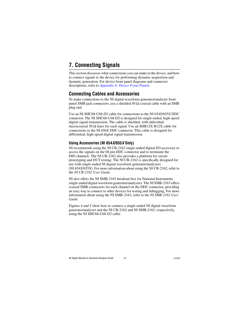 Connecting signals, Connecting cables and accessories, Using accessories (ni 654x/655x only) | National Instruments PXI-6561/6562 User Manual | Page 14 / 32