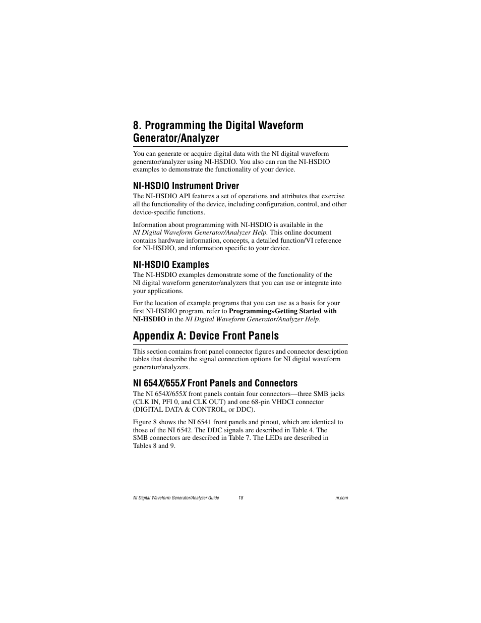 Ni-hsdio instrument driver, Ni-hsdio examples, Appendix a: device front panels | Ni 654x/655x front panels and connectors, Ni-hsdio instrument driver ni-hsdio examples | National Instruments PXI-6561/6562 User Manual | Page 18 / 32