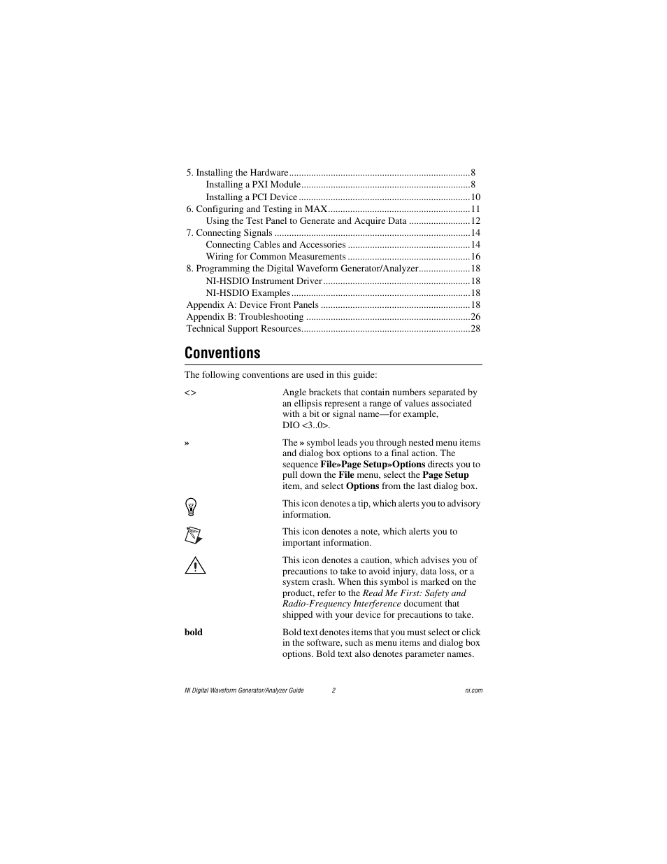 Conventions | National Instruments PXI-6561/6562 User Manual | Page 2 / 32