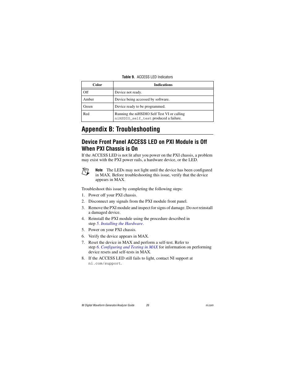 Table 9. access led indicators, Appendix b: troubleshooting, Nd 9 | National Instruments PXI-6561/6562 User Manual | Page 26 / 32