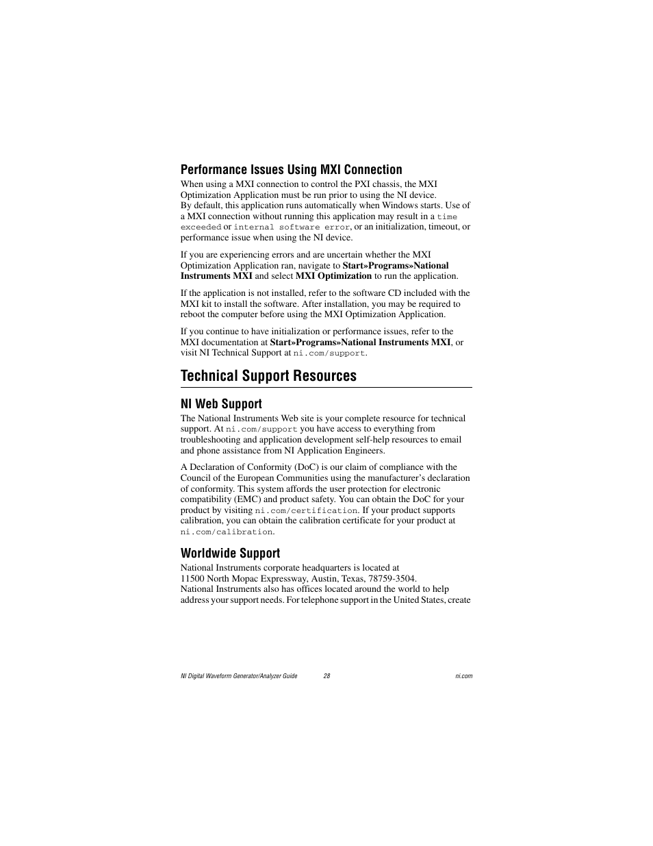 Performance issues using mxi connection, Technical support resources, Ni web support | Worldwide support | National Instruments PXI-6561/6562 User Manual | Page 28 / 32