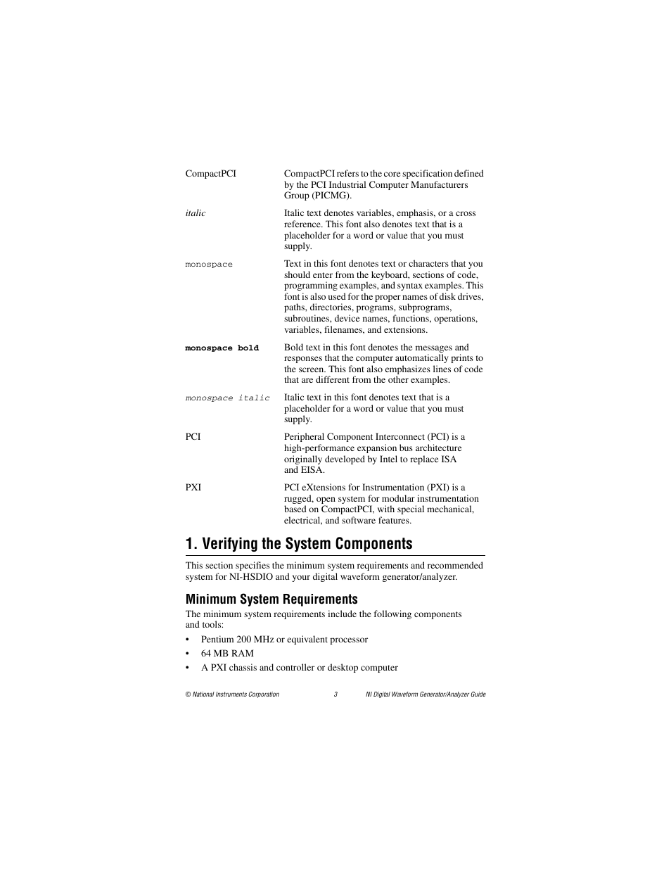 Verifying the system components, Minimum system requirements | National Instruments PXI-6561/6562 User Manual | Page 3 / 32