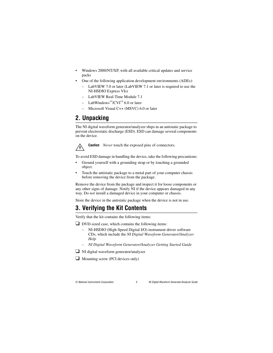 Unpacking, Verifying the kit contents, Unpacking 3. verifying the kit contents | National Instruments PXI-6561/6562 User Manual | Page 5 / 32