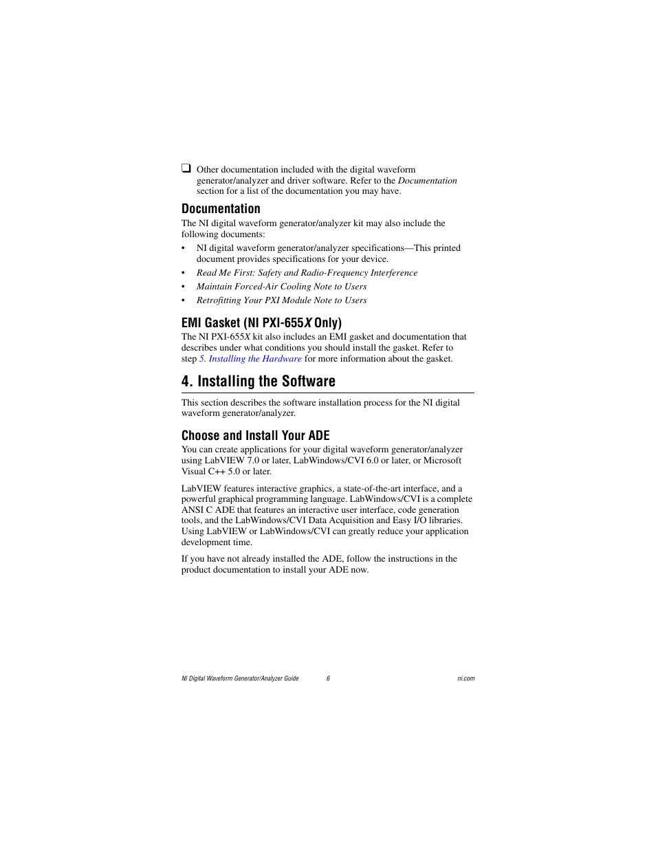 Documentation, Emi gasket (ni pxi-655x only), Installing the software | Choose and install your ade, Documentation emi gasket (ni pxi-655 x only), Emi gasket (ni pxi-655 x only) | National Instruments PXI-6561/6562 User Manual | Page 6 / 32