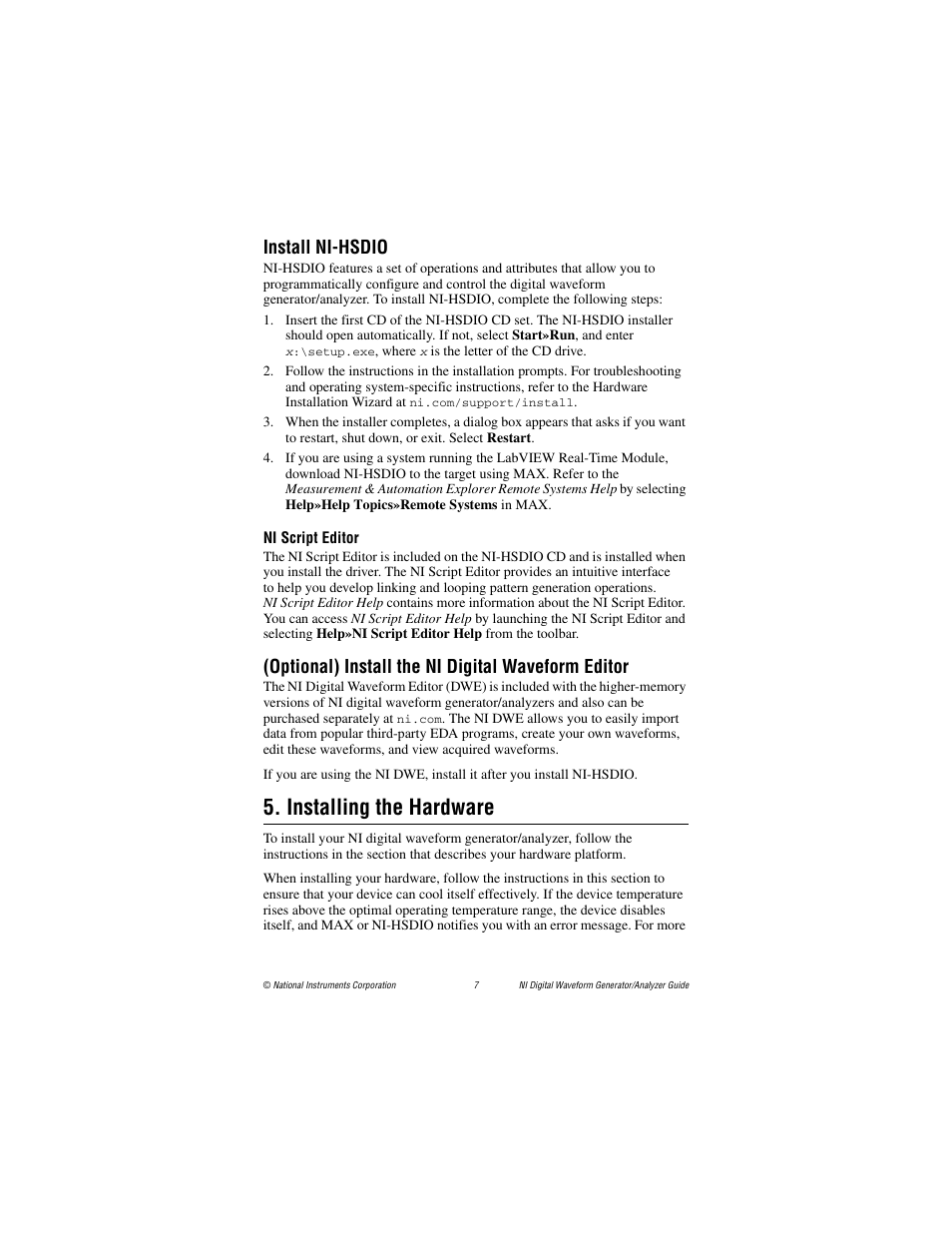 Install ni-hsdio, Ni script editor, Optional) install the ni digital waveform editor | Installing the hardware | National Instruments PXI-6561/6562 User Manual | Page 7 / 32