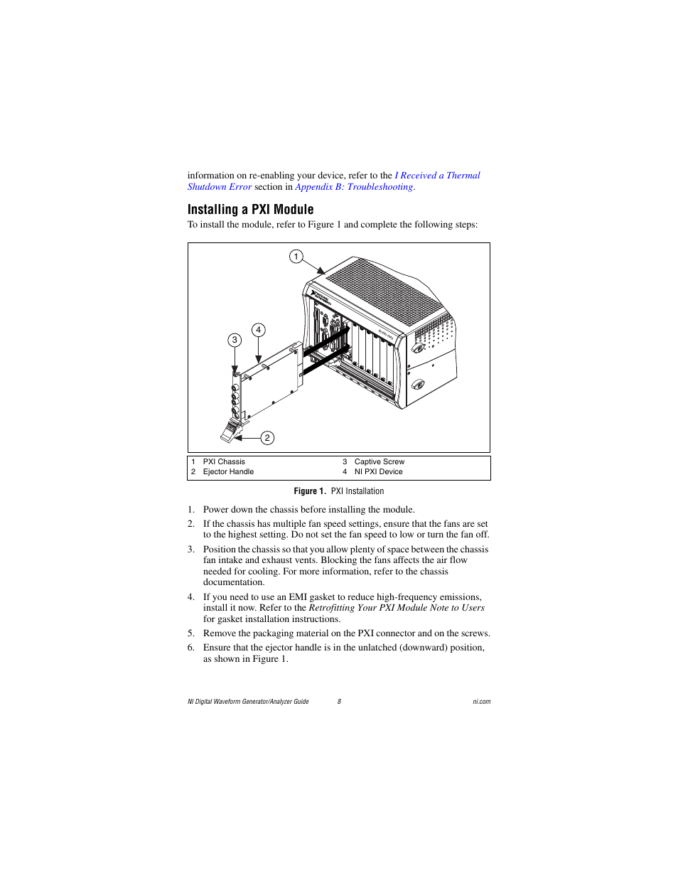 Installing a pxi module, Figure 1. pxi installation | National Instruments PXI-6561/6562 User Manual | Page 8 / 32