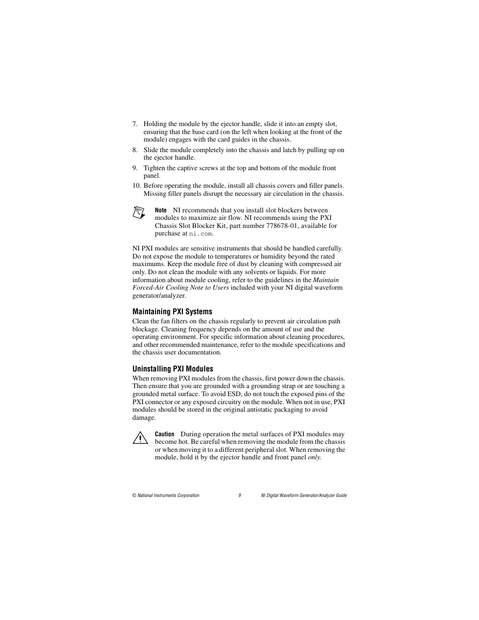 Maintaining pxi systems, Uninstalling pxi modules | National Instruments PXI-6561/6562 User Manual | Page 9 / 32