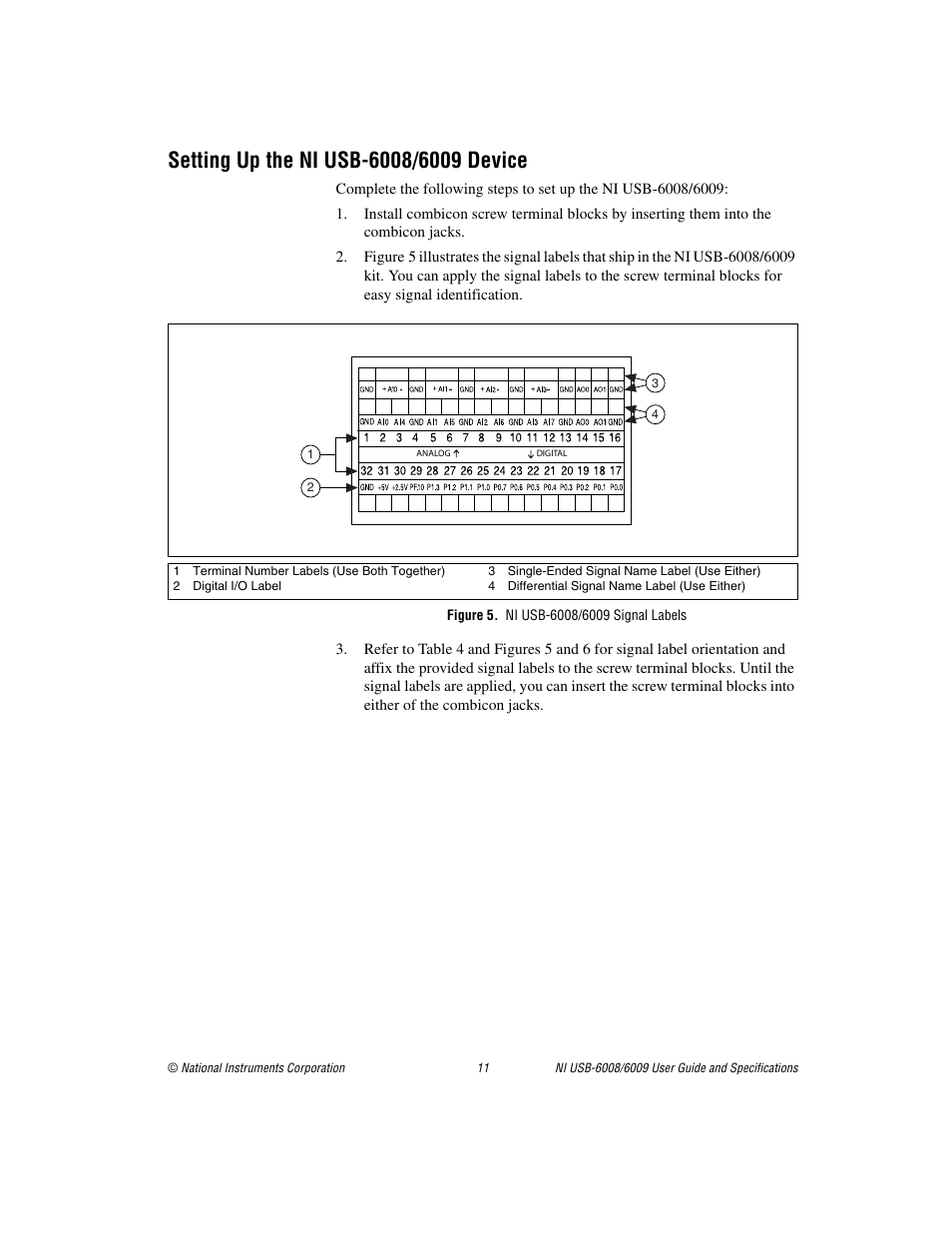 Setting up the ni usb-6008/6009 device, Figure 5. ni usb-6008/6009 signal labels | National Instruments NI USB-6009 User Manual | Page 11 / 32