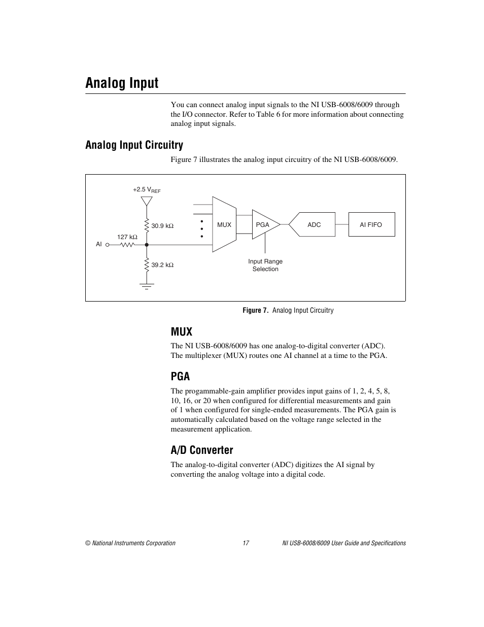 Analog input, Analog input circuitry, Figure 7. analog input circuitry | A/d converter | National Instruments NI USB-6009 User Manual | Page 17 / 32