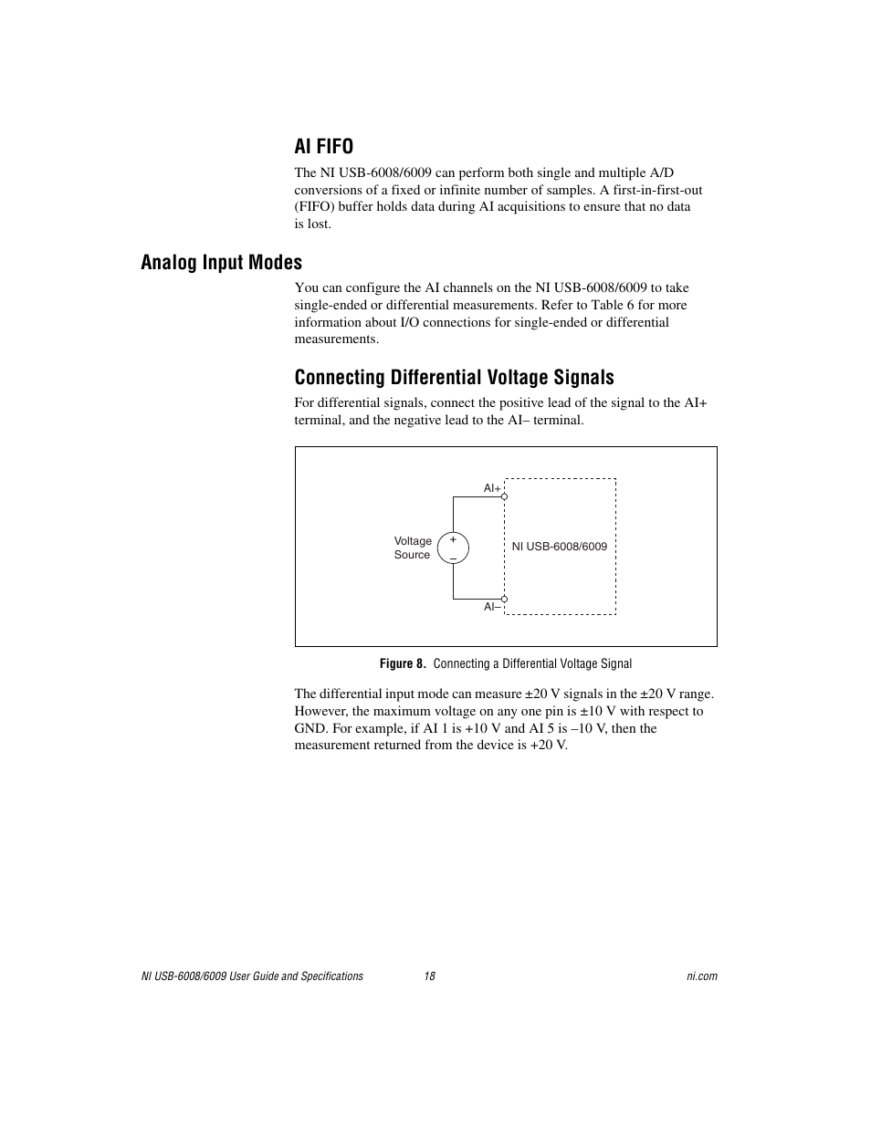 Ai fifo, Analog input modes, Connecting differential voltage signals | Figure 8. connecting a differential voltage signal | National Instruments NI USB-6009 User Manual | Page 18 / 32