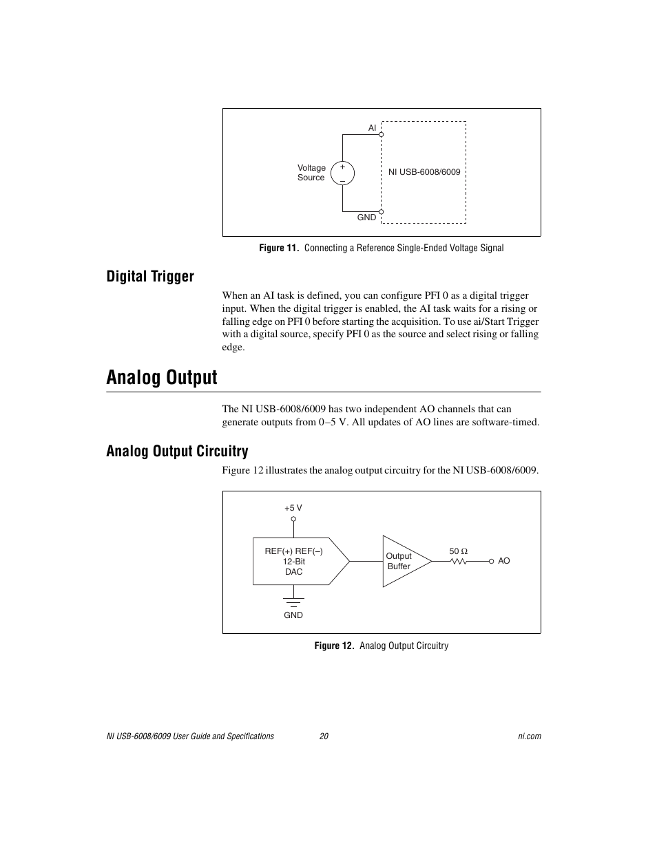 Digital trigger, Analog output, Analog output circuitry | Figure 12. analog output circuitry | National Instruments NI USB-6009 User Manual | Page 20 / 32