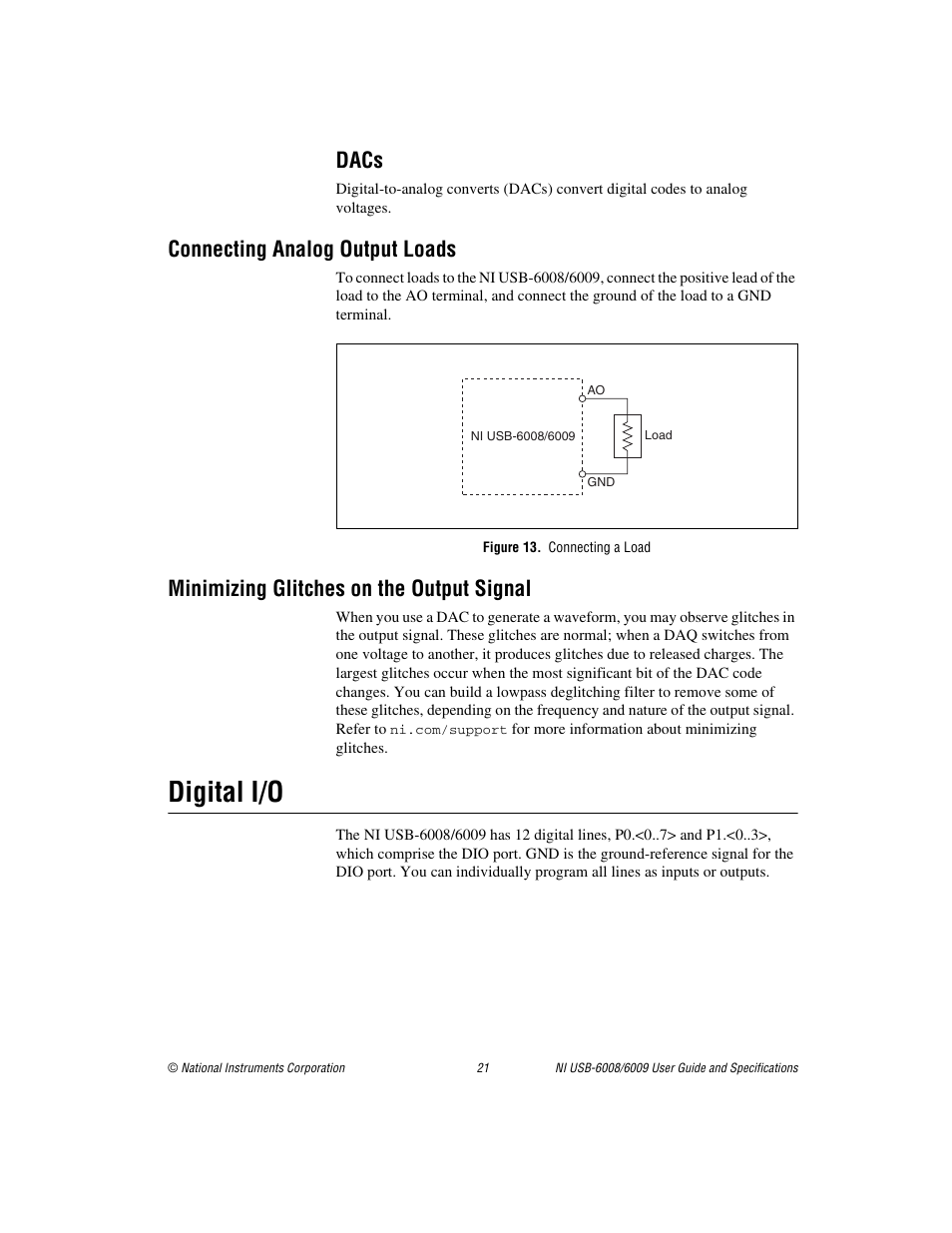 Dacs, Connecting analog output loads, Figure 13. connecting a load | Minimizing glitches on the output signal, Digital i/o | National Instruments NI USB-6009 User Manual | Page 21 / 32