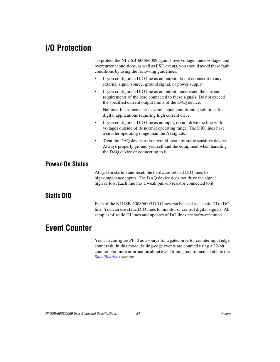I/o protection, Power-on states, Static dio | Event counter | National Instruments NI USB-6009 User Manual | Page 24 / 32